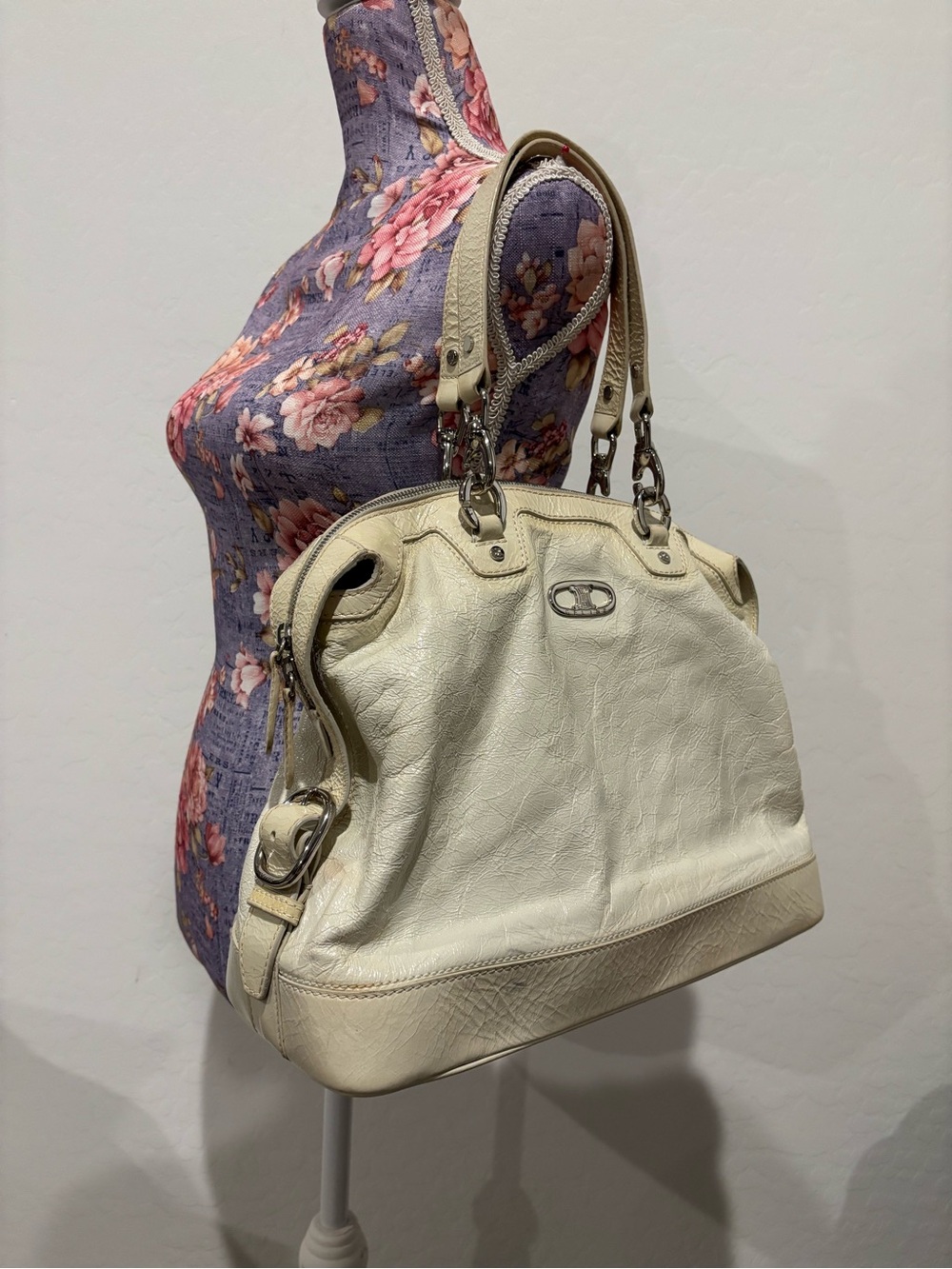 Celine Cream Macadam Patent Leather Shoulder Bag